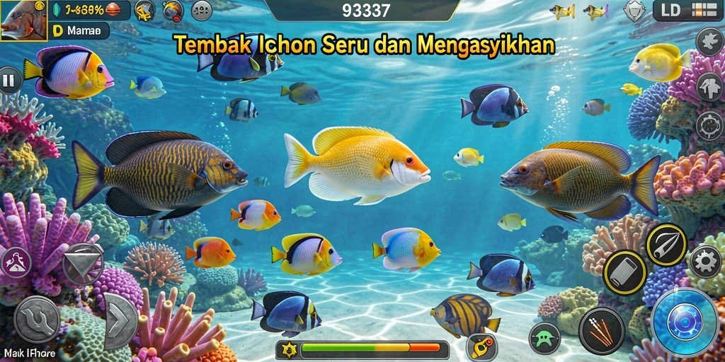 Screenshot dari gameplay seru di 93337, menunjukkan aksi Tembak Ikan.