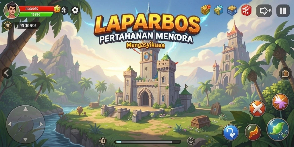 Tangkapan layar gameplay LAPARBOS menunjukkan aksi pertahanan menara yang seru.