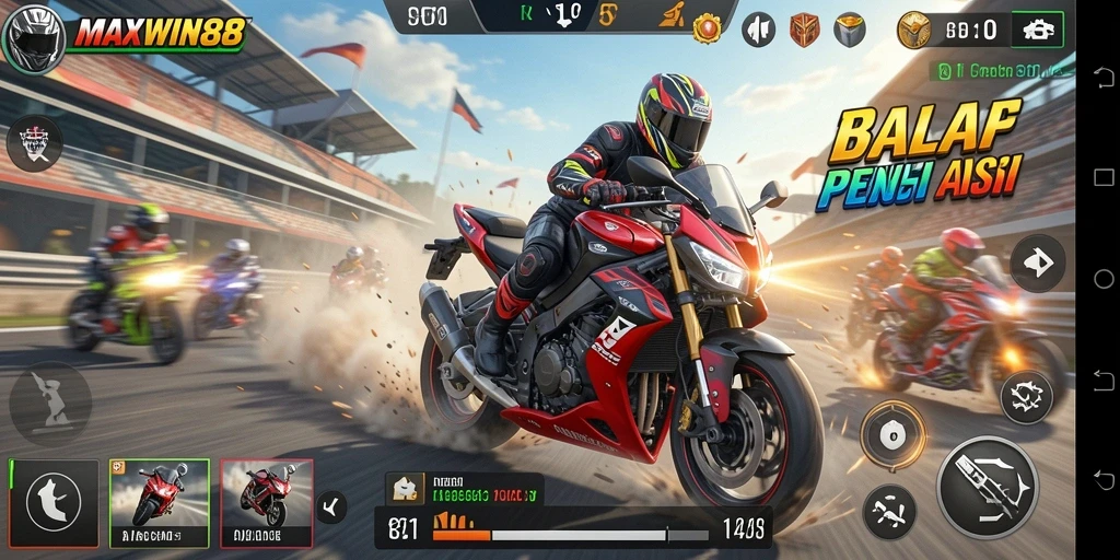 Screenshot gameplay MAXWIN88 menunjukkan balapan motor yang seru.